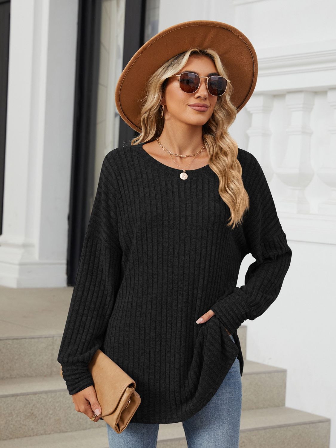 Women’s Comfortable Ribbed Long Sleeve Shirt - Stylish Round Neck Design