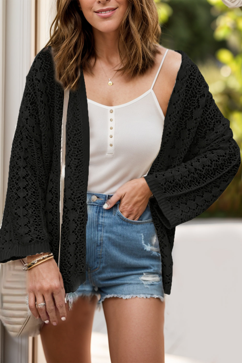 SYNZ Women's Openwork Dropped Shoulder Cardigan | Elegant Open Front Design