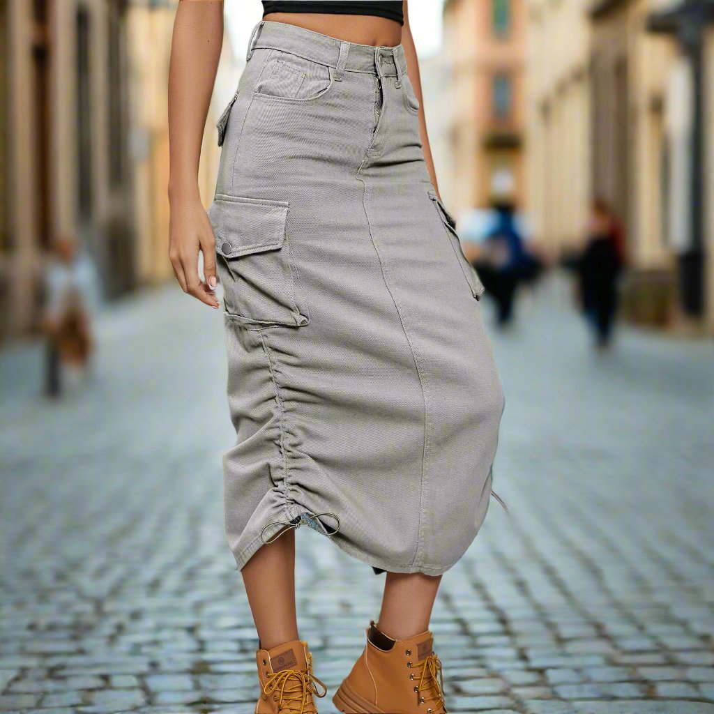 Stylish Women's Denim Midi Skirt with Drawstring - Ruched Design and Slit