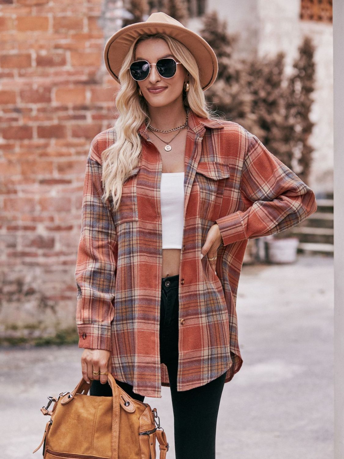 Women's Plaid Longline Shirt with Pockets - Dropped Shoulder Oversized Design