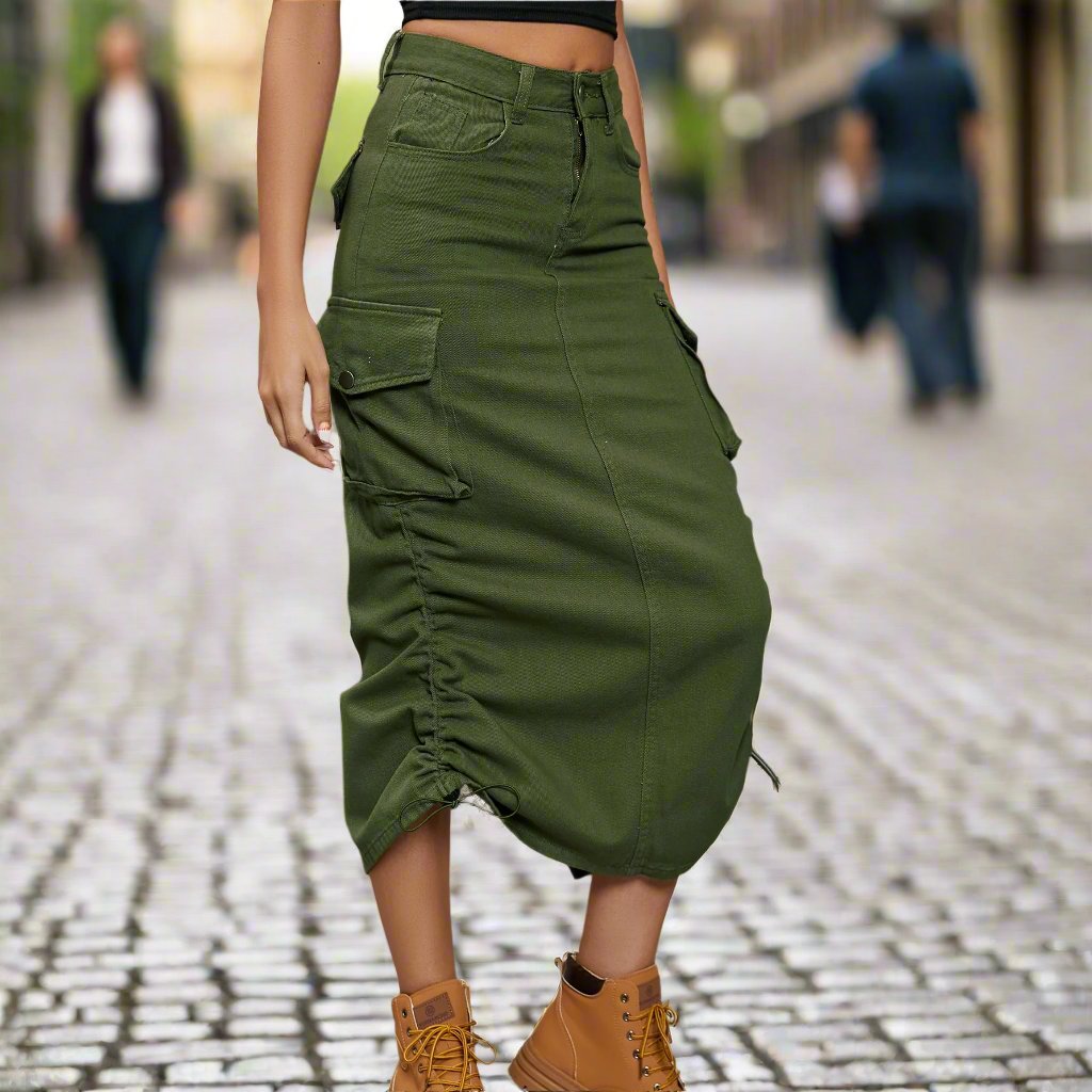 Stylish Women's Denim Midi Skirt with Drawstring - Ruched Design and Slit