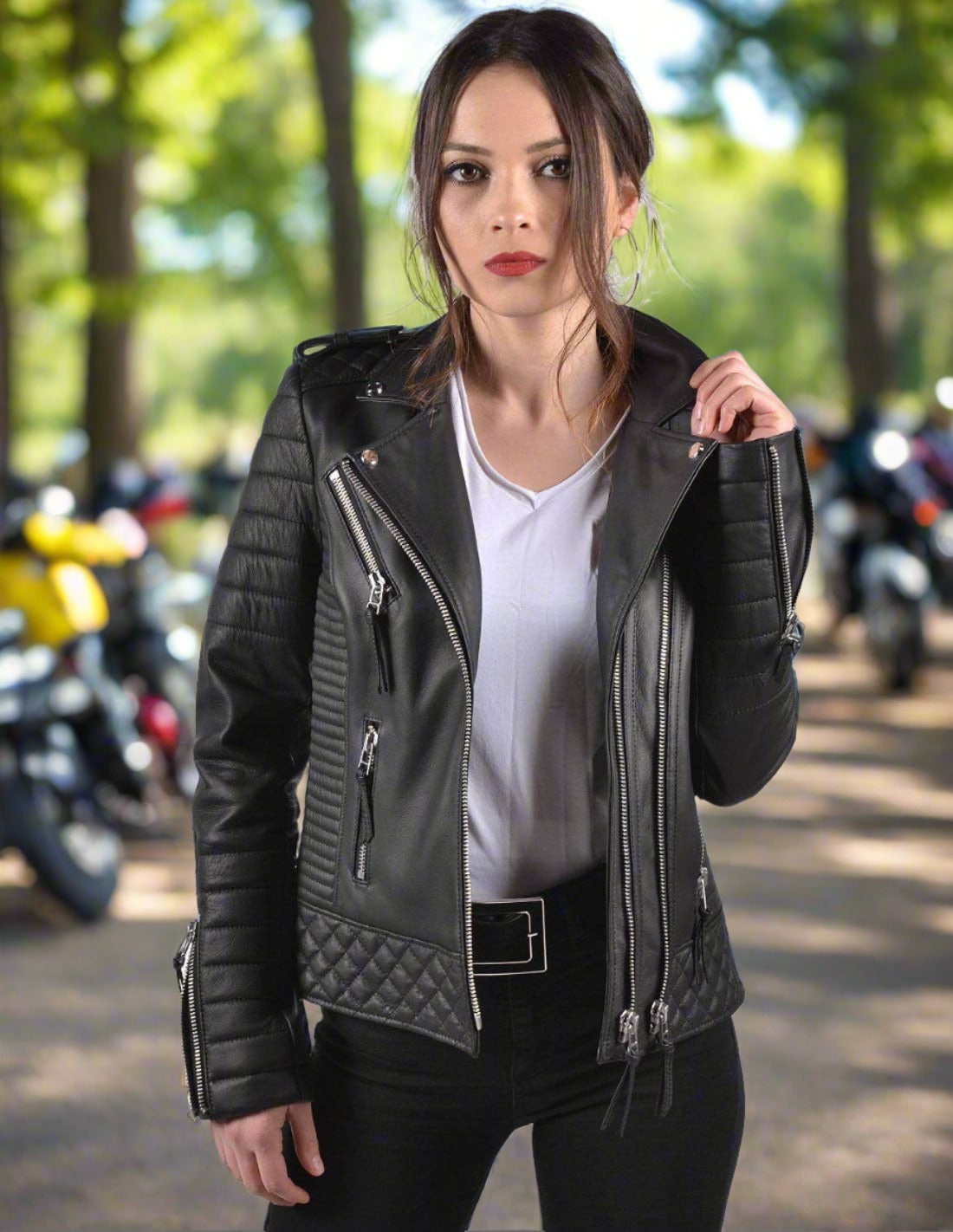 Leather Republic Ladies Black Lambskin Leather Jacket with Quilted Detail