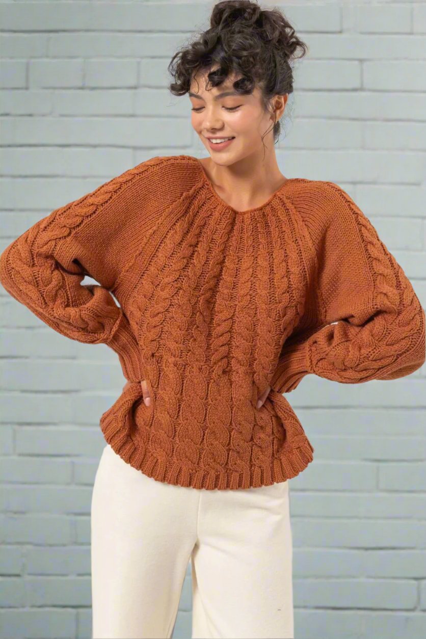 Women's Cable-Knit Round Neck Raglan Sleeve Sweater – Cozy Cotton-Acrylic Blend for Winter Style