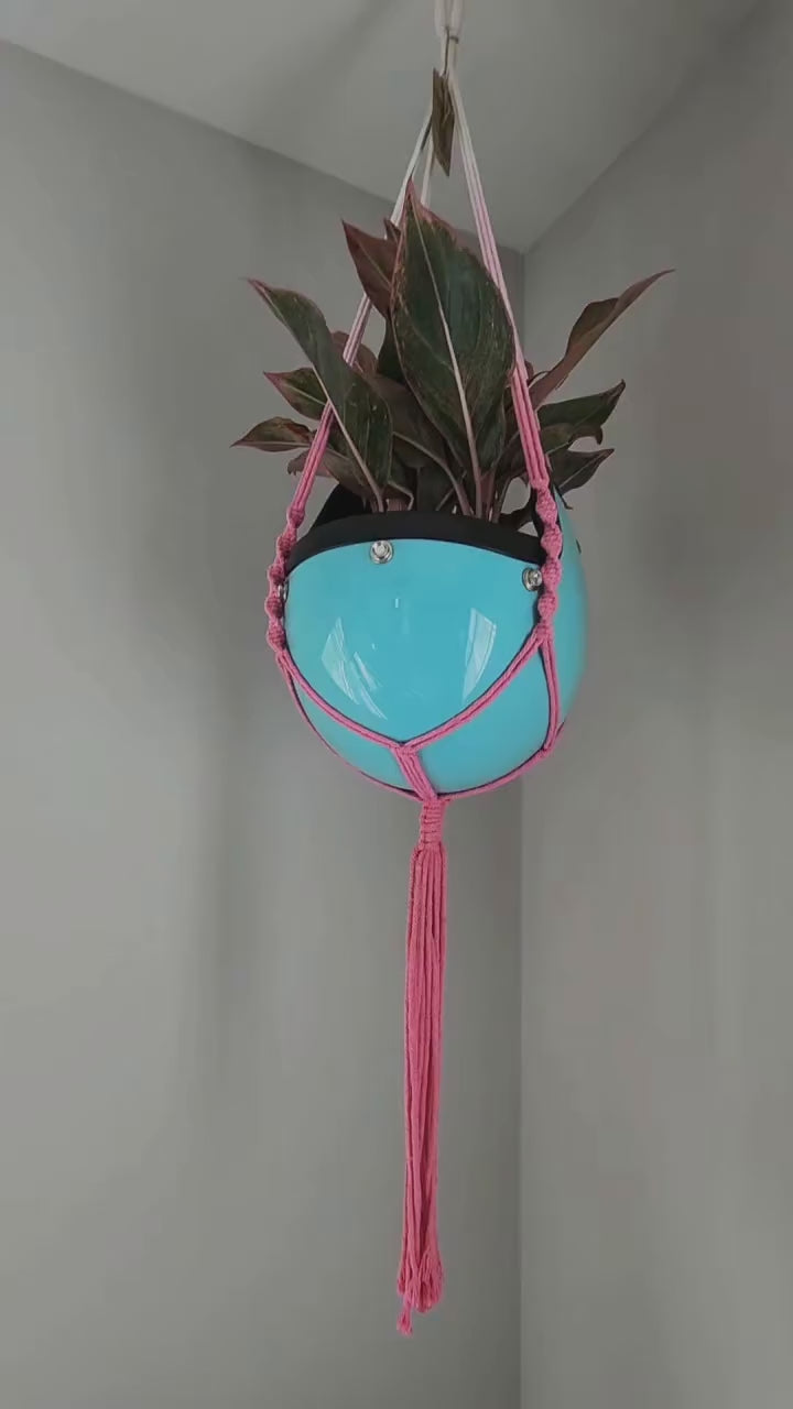 Vintage Open Face Motorcycle Helmet Planters with 100% Handmade Macrame Plant Hanger and Eco-friendly Coconut Fiber Liner