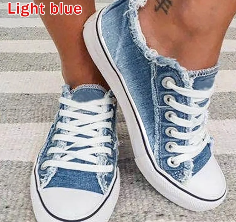 Stylish Denim Canvas Shoes for Women - Lace Up - Thick Soled Sneakers