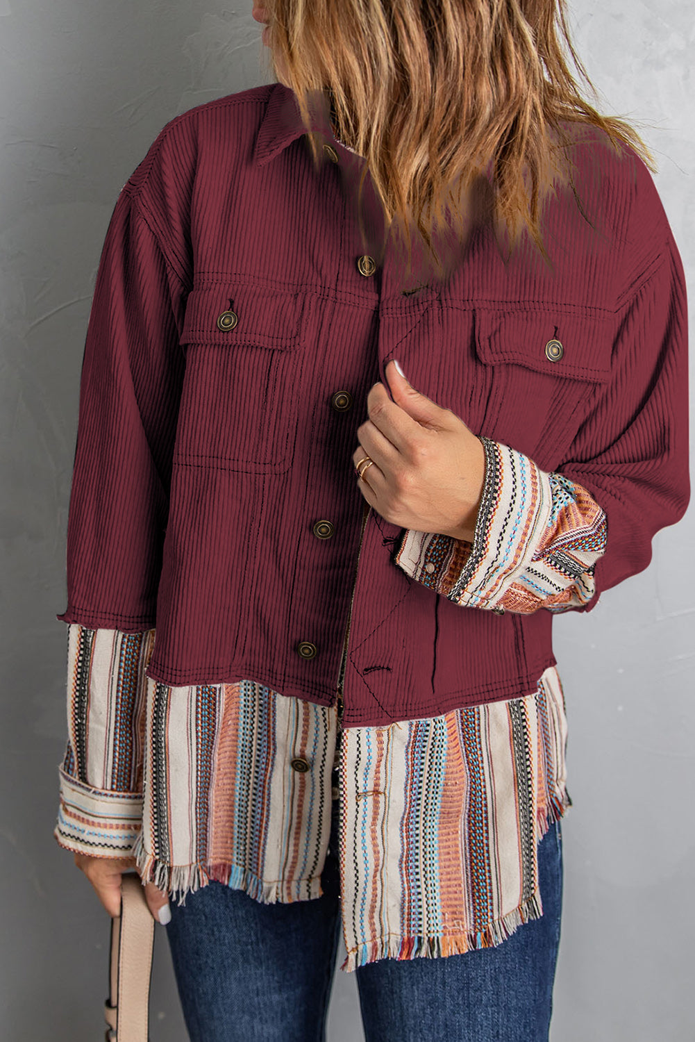 Striped Frayed Hem Corduroy Jacket - Ivy & Arrow Supply Co.