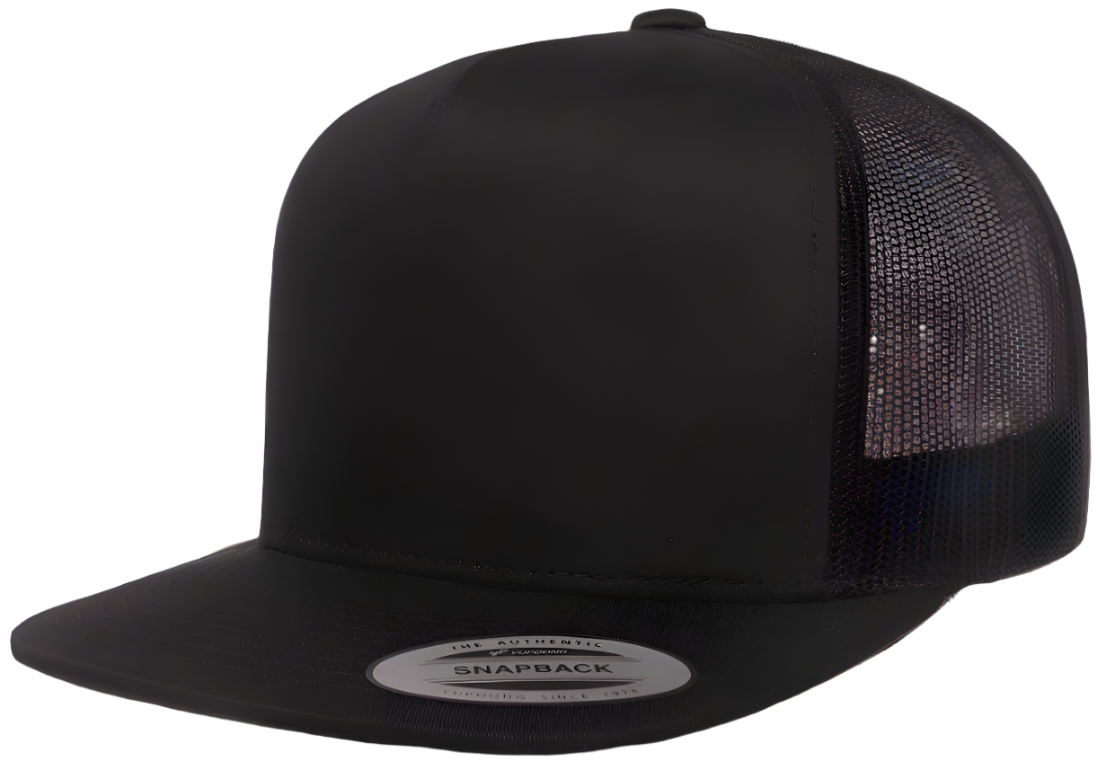 Classic Trucker Snapback Hat with Flat Bill and Mesh Back - Yupoong 6006T - Adjustable Plastic Snapback Closure - 5 Panel Design - Premium Ventilation