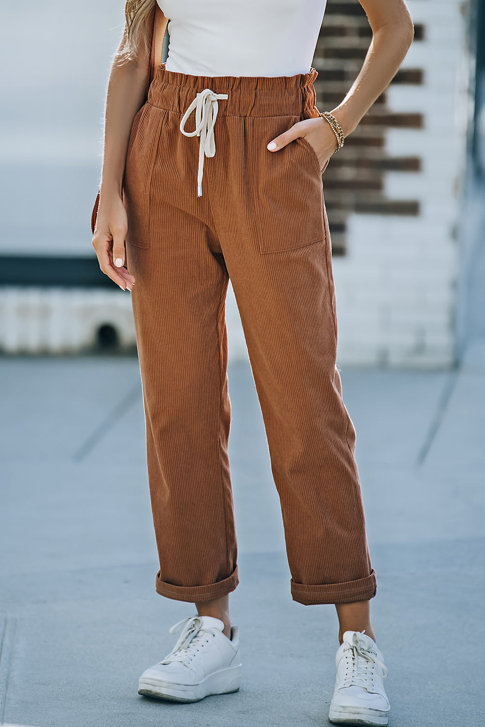 Women's White Label Drawstring Corduroy Pants featuring Pockets and Comfortable Elastic Waist