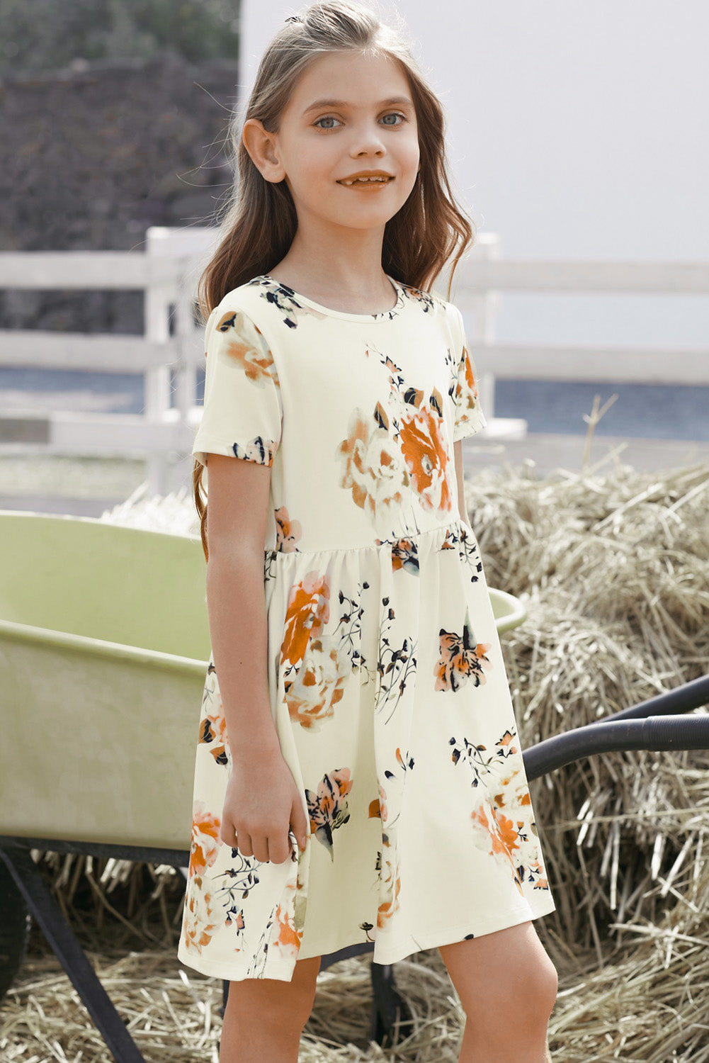 White Label Girls Floral Short Sleeve Round Neck Dress 95% Cotton 5% Polyester Machine Washable Sizes 4-12 Years