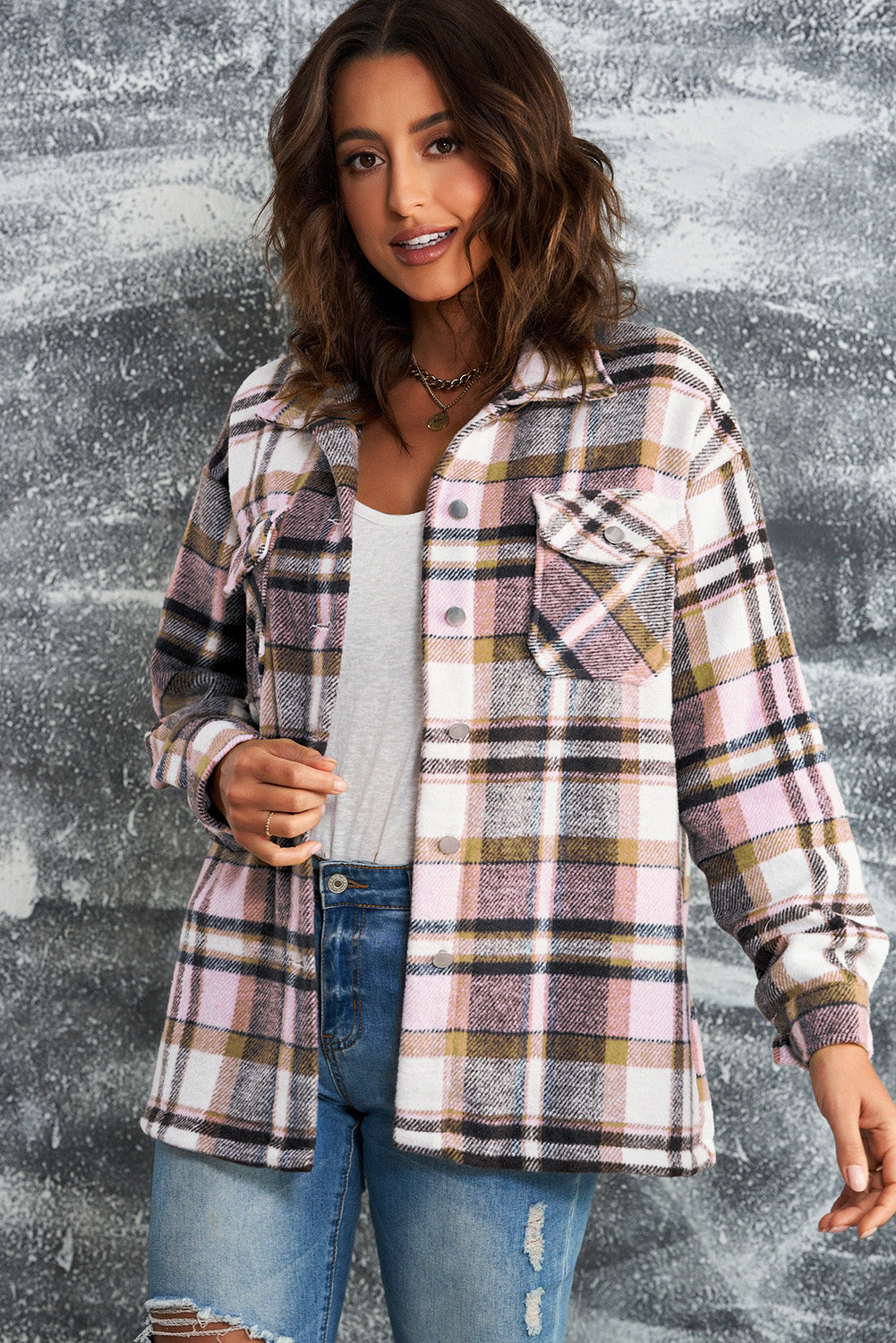 White Label Women's Plaid Flannel Shacket with Button Front and Pockets - 100% Polyester Shirt Jacket