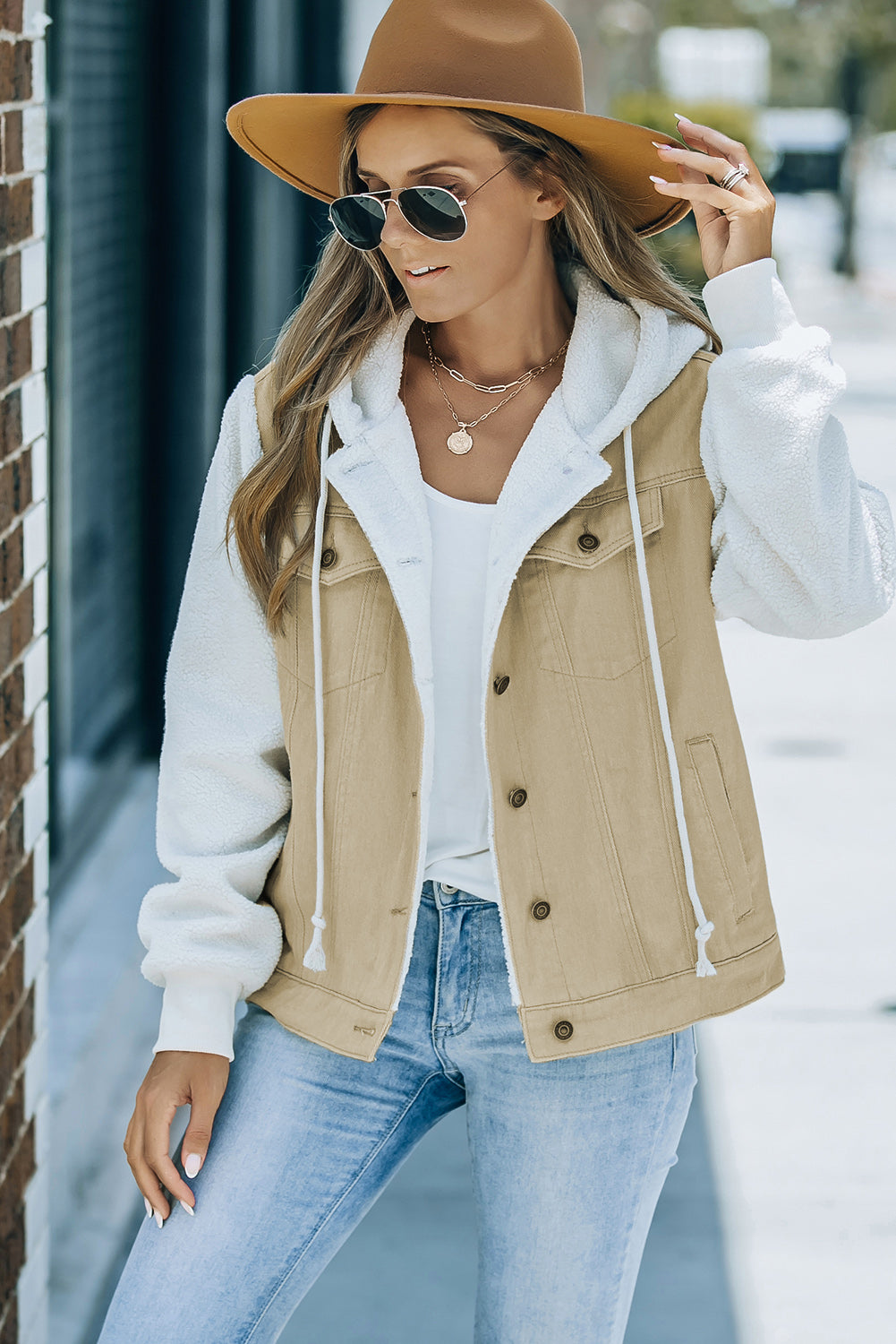 White Label Women's Two-Tone Spliced Denim Sherpa Hooded Jacket - Button-Down Closure - Pockets - Polyester Sherpa Lining