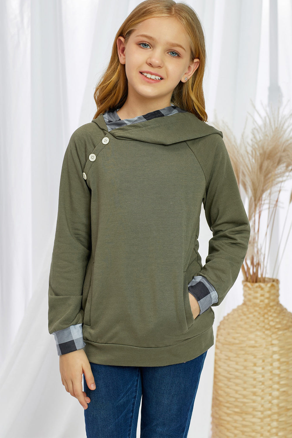 Girls Plaid Decorative Button Hoodie with Pockets - Ivy & Arrow Supply Co.