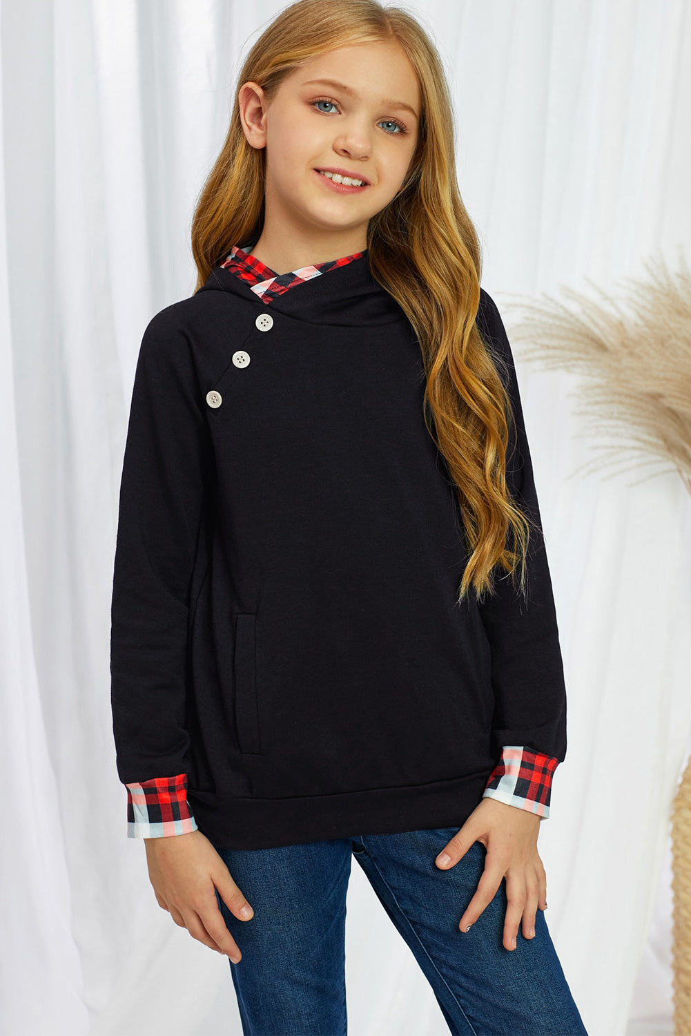 Girls Plaid Decorative Button Hoodie with Pockets - Ivy & Arrow Supply Co.