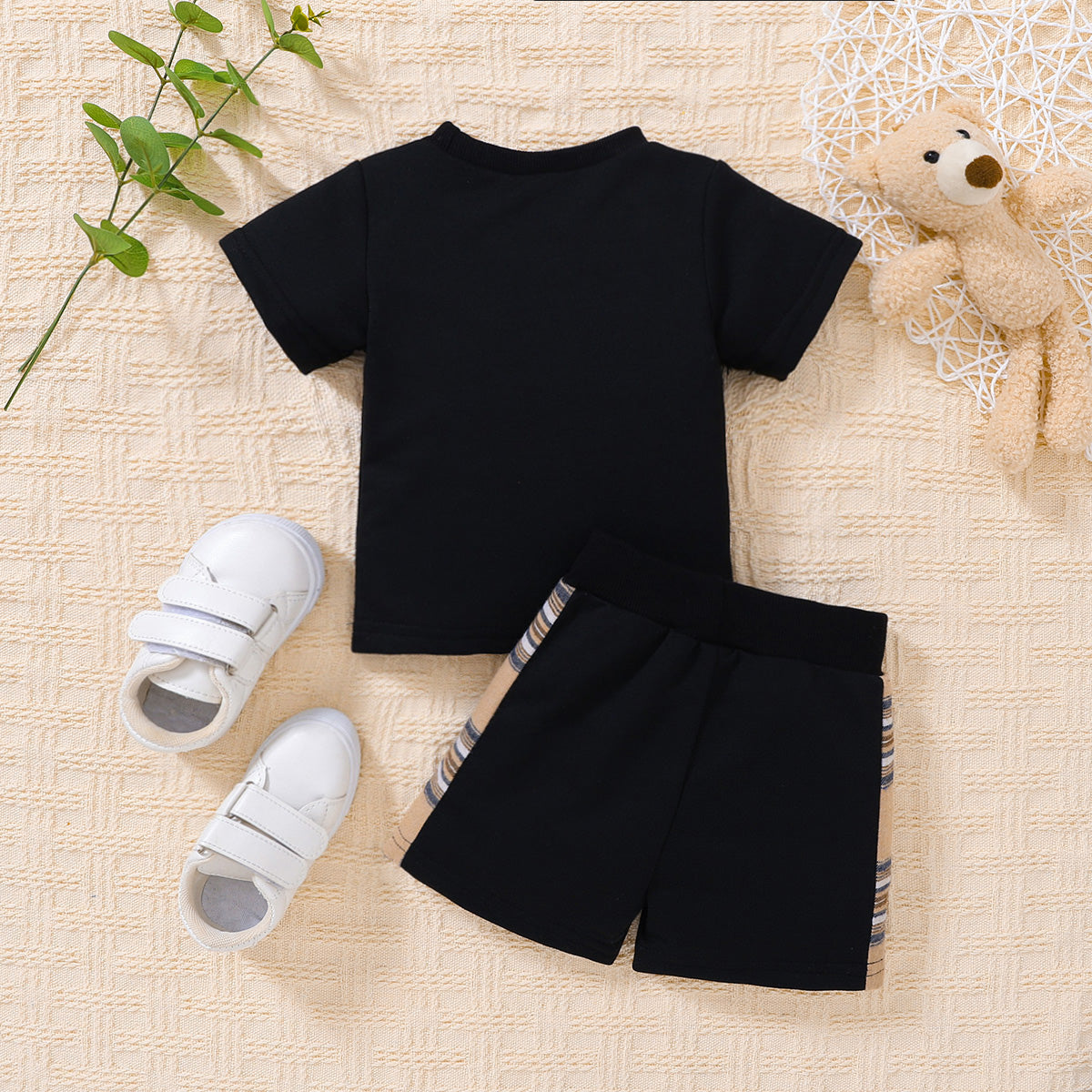 Baby Plaid Bear Graphic Round Neck Tee and Shorts Set by White Label - Comfortable and Breathable Fabric