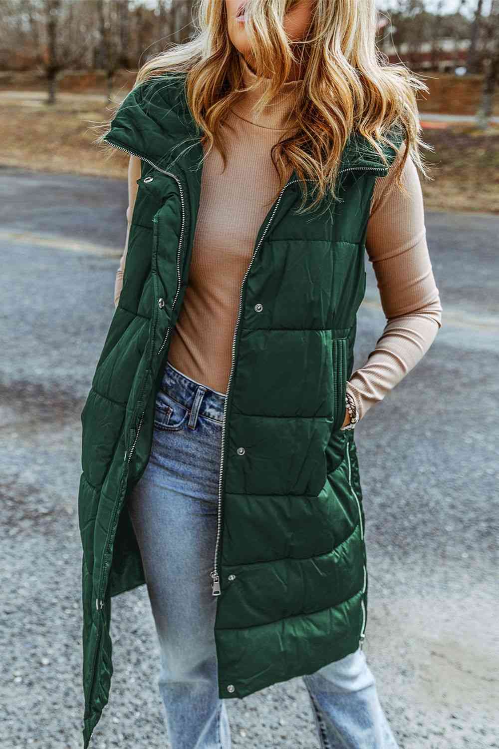 Women's Longline Hooded Sleeveless Puffer Vest with Plush Lining