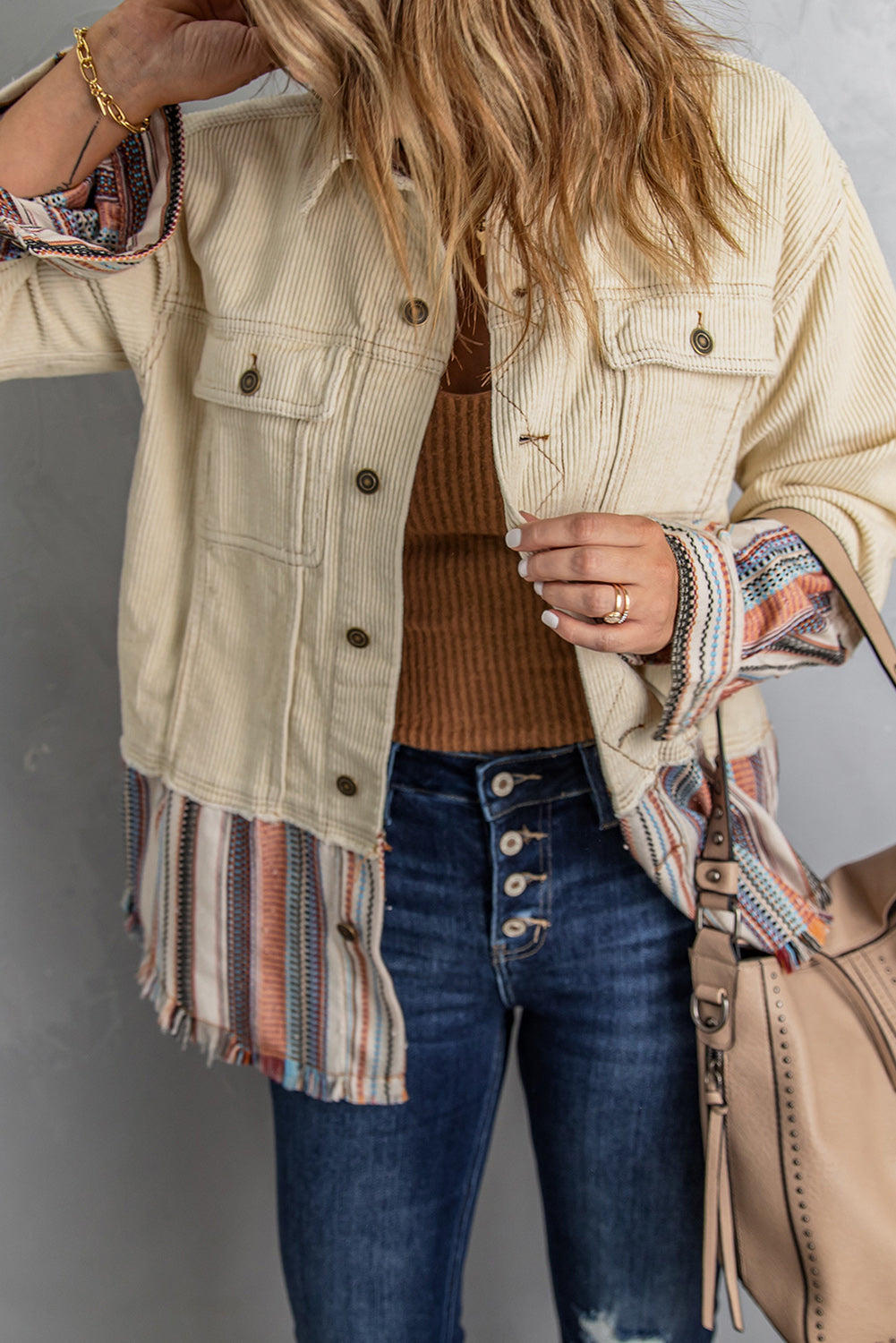 Striped Frayed Hem Corduroy Jacket - Ivy & Arrow Supply Co.