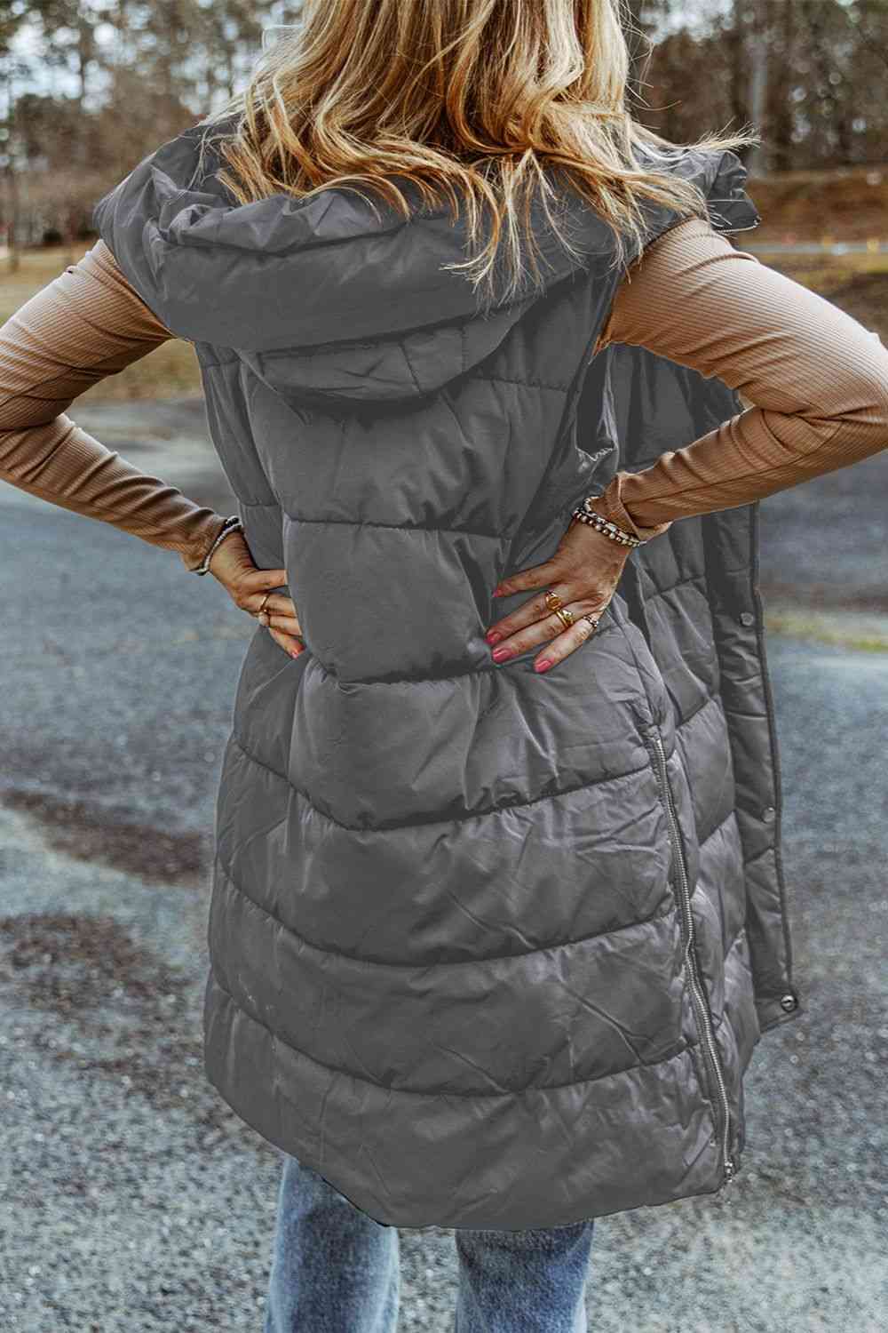 Women's Longline Hooded Sleeveless Puffer Vest with Plush Lining