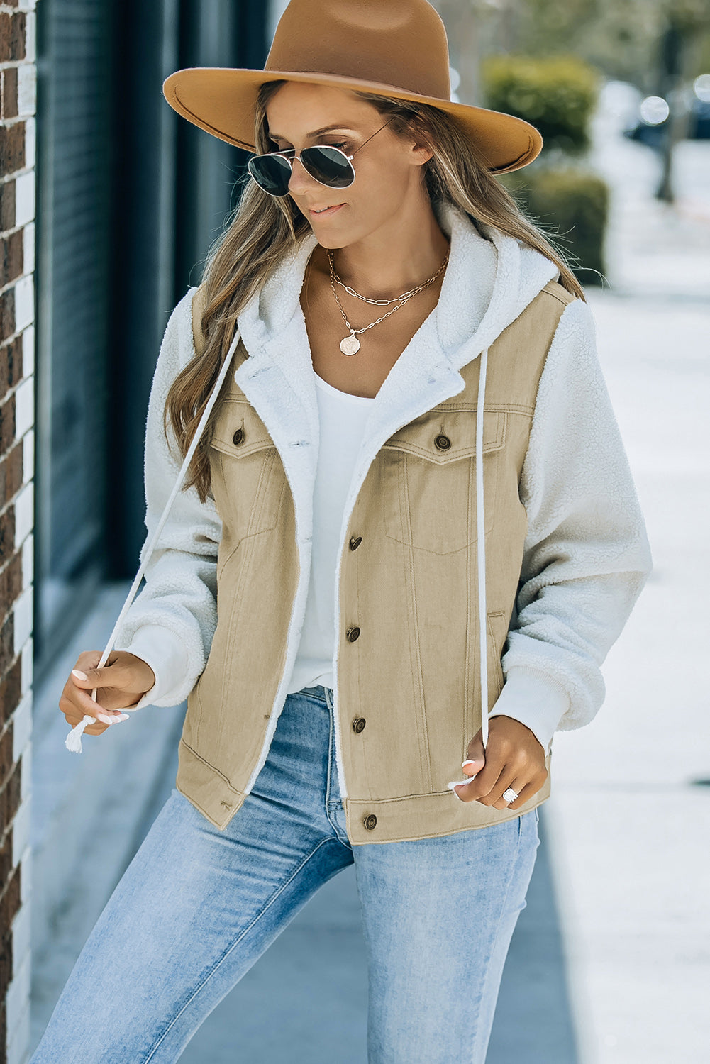 White Label Women's Two-Tone Spliced Denim Sherpa Hooded Jacket - Button-Down Closure - Pockets - Polyester Sherpa Lining