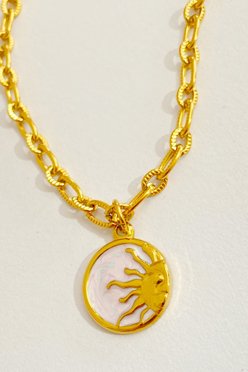 Classic Round Sun Moon Pendant Necklace - Stainless Steel - 18K Gold-Plated