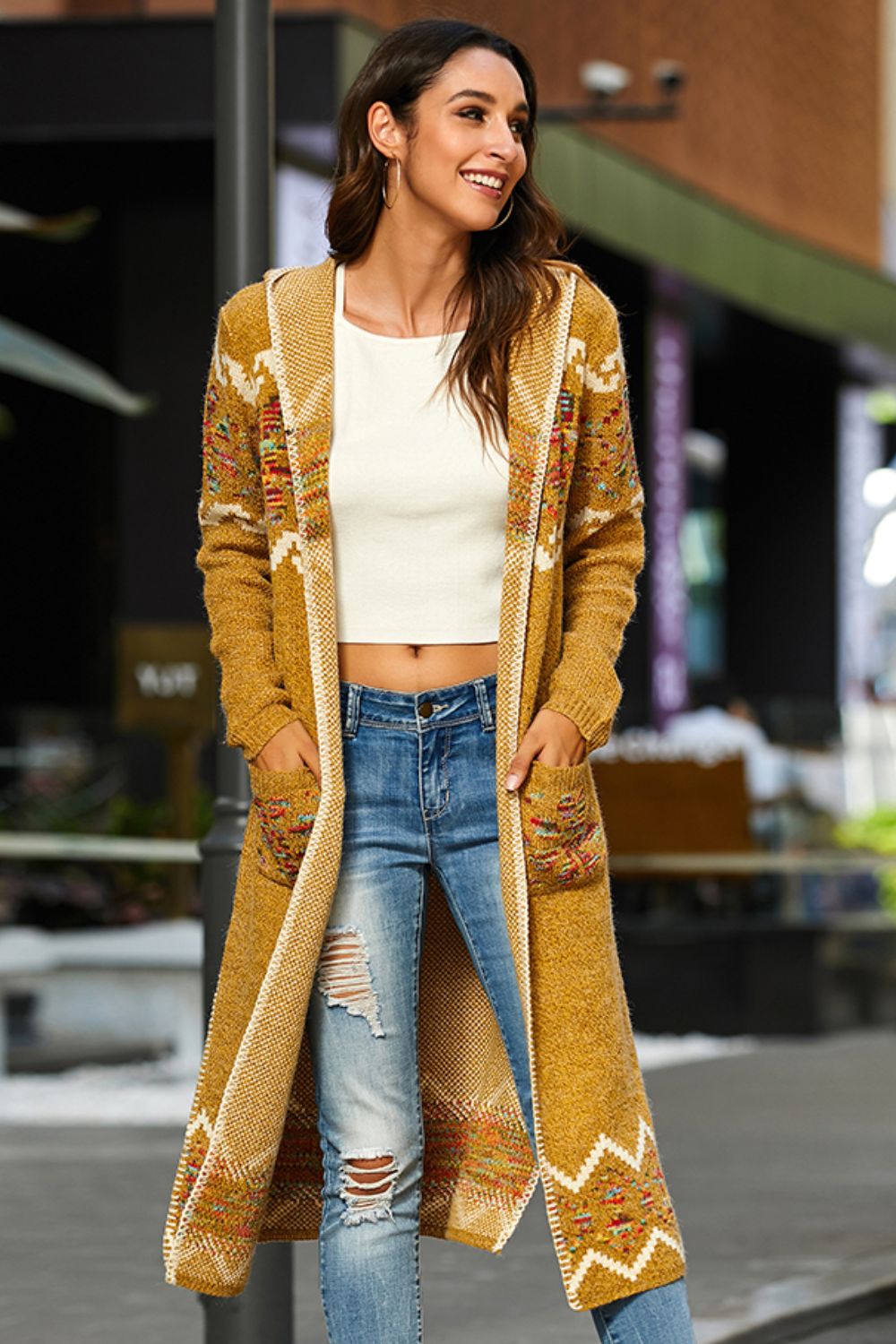 Women's Bohemian Slit Hooded Duster Cardigan with Pockets - 100% Acrylic - Open-Front - Long Sleeves