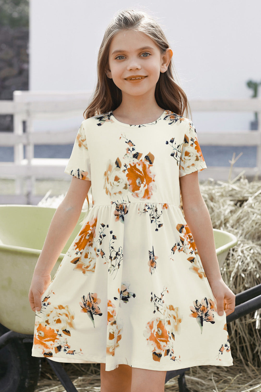 White Label Girls Floral Short Sleeve Round Neck Dress 95% Cotton 5% Polyester Machine Washable Sizes 4-12 Years