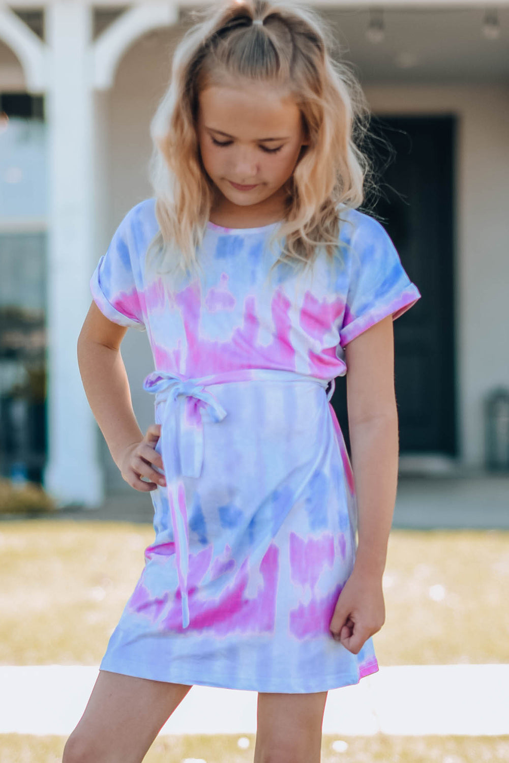 White Label Girls Tie-dye Belted Dress 95% Polyester 5% Spandex 4-11 Years Machine Washable