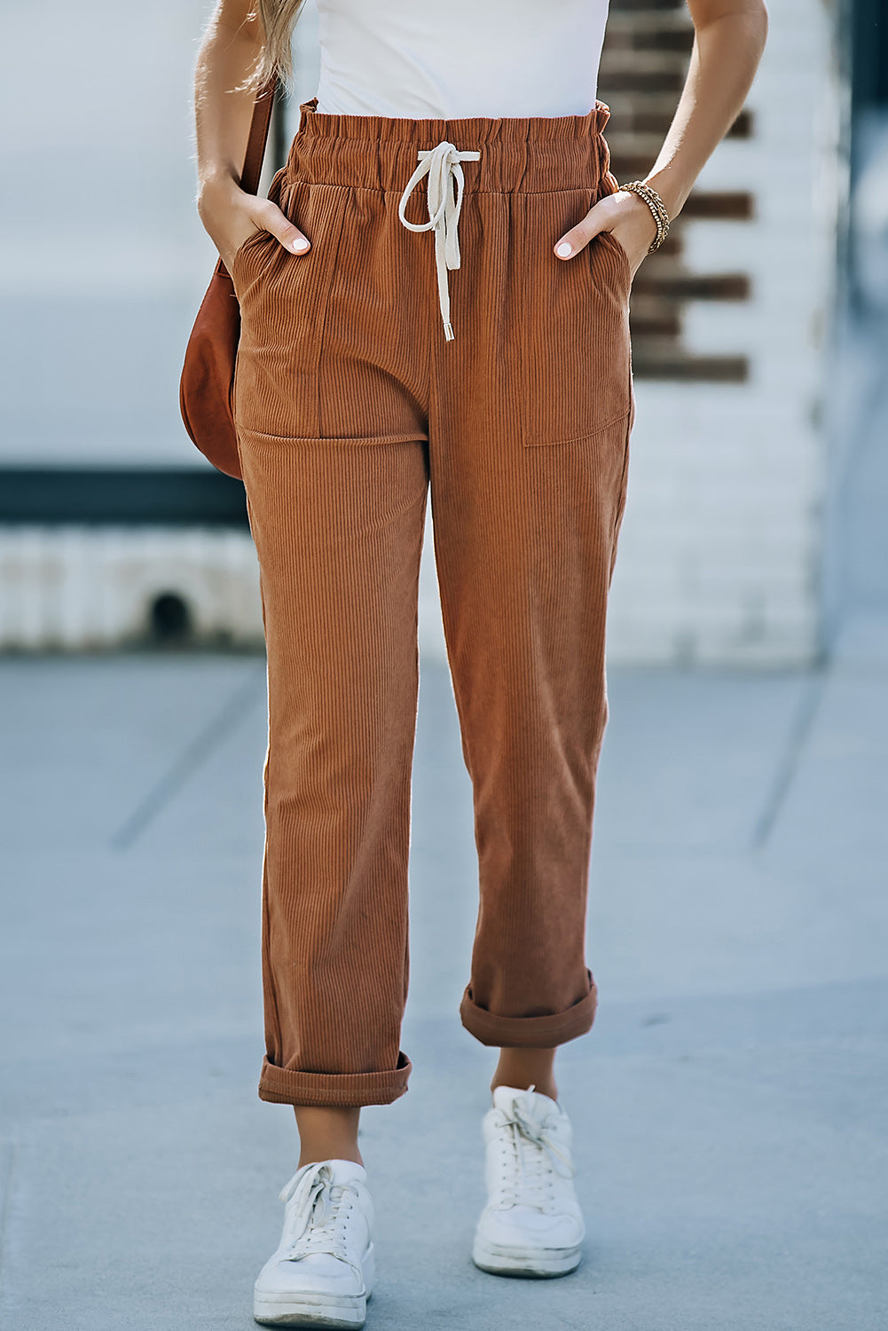 Women's White Label Drawstring Corduroy Pants featuring Pockets and Comfortable Elastic Waist