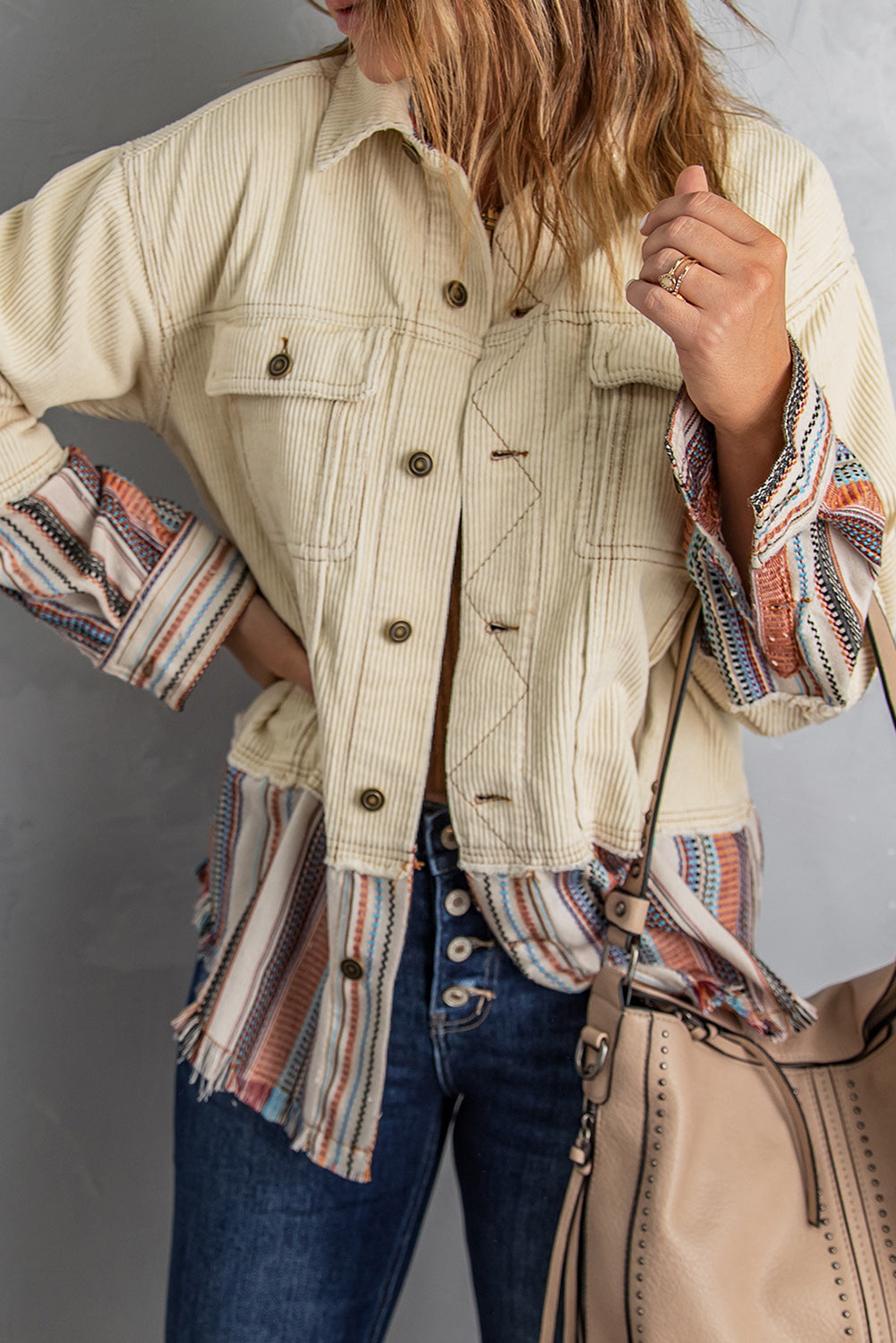 Striped Frayed Hem Corduroy Jacket - Ivy & Arrow Supply Co.