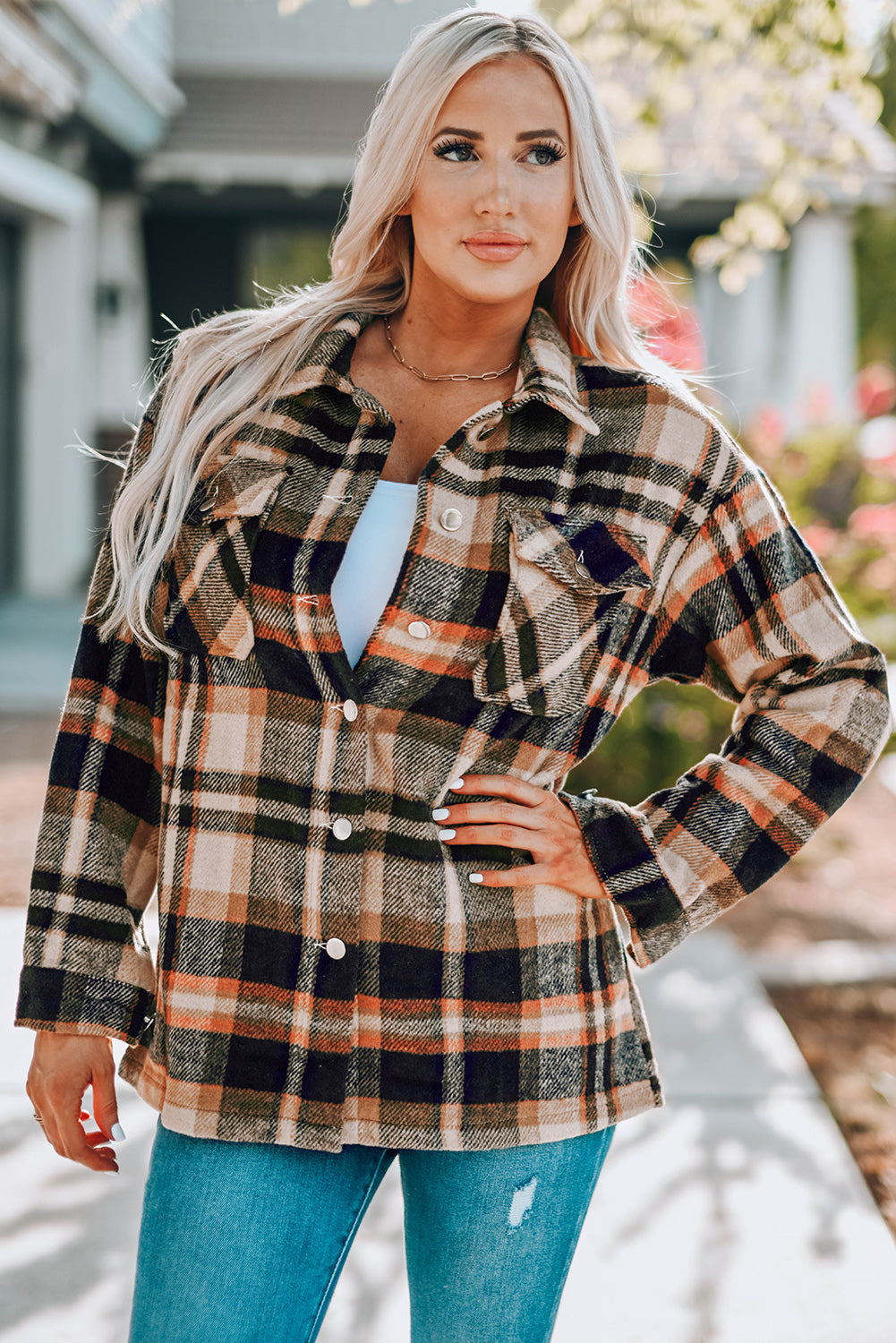 White Label Women's Plaid Flannel Shacket with Button Front and Pockets - 100% Polyester Shirt Jacket