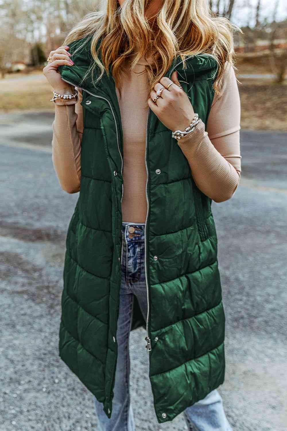 Women's Longline Hooded Sleeveless Puffer Vest with Plush Lining