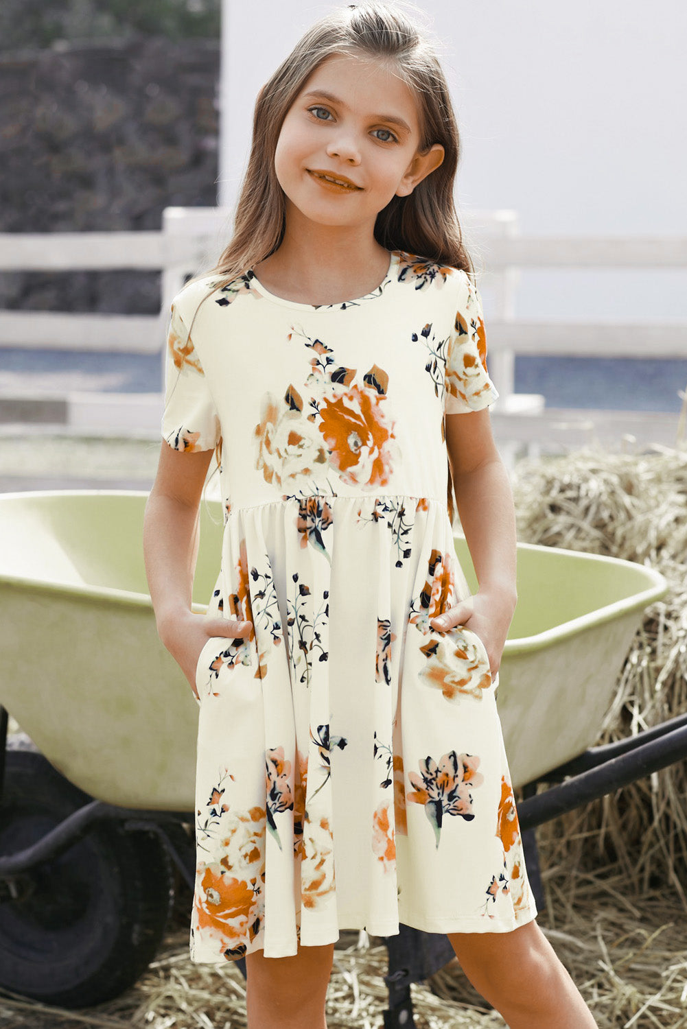 White Label Girls Floral Short Sleeve Round Neck Dress 95% Cotton 5% Polyester Machine Washable Sizes 4-12 Years