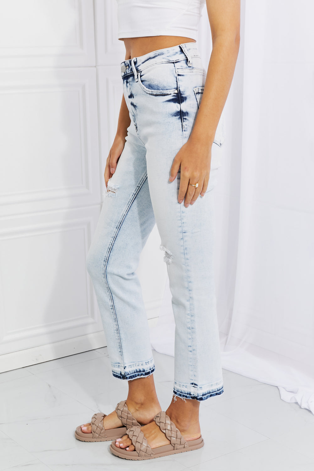 Women's RISEN Camille Acid Wash Crop Straight Jeans Stylish and Distressed for a Trendy Casual Look