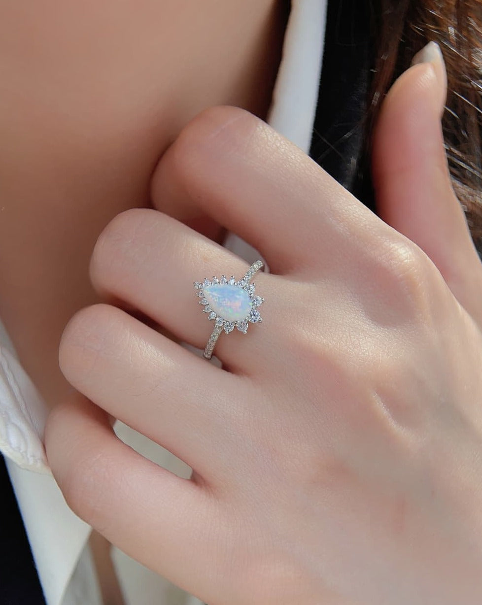 925 Sterling Silver Opal Pear Shape Ring with Zircon Accents - Platinum-Plated Luxury Jewelry from Australia