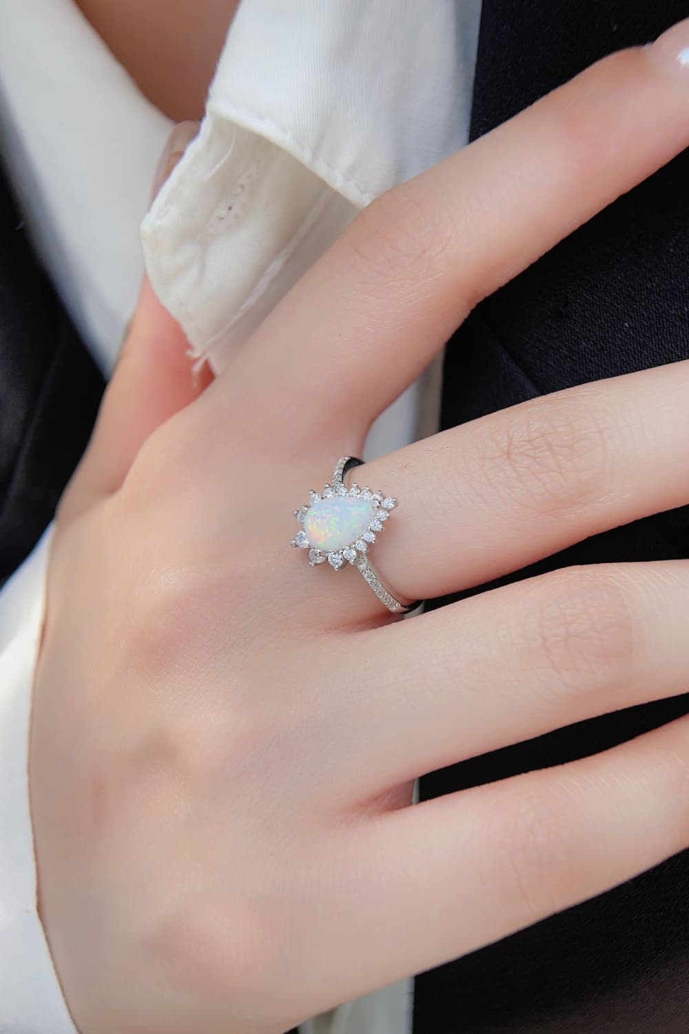 925 Sterling Silver Opal Pear Shape Ring with Zircon Accents - Platinum-Plated Luxury Jewelry from Australia