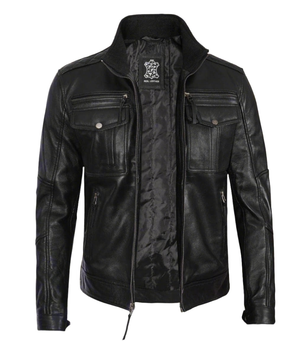 Angel Jackets Men's Black Genuine Leather Motorcycle Jacket - Zip Closure and Multiple Pocketss