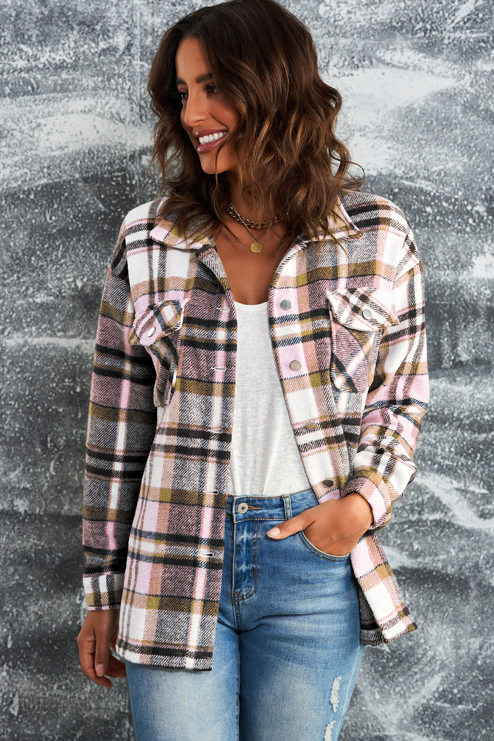 White Label Women's Plaid Flannel Shacket with Button Front and Pockets - 100% Polyester Shirt Jacket