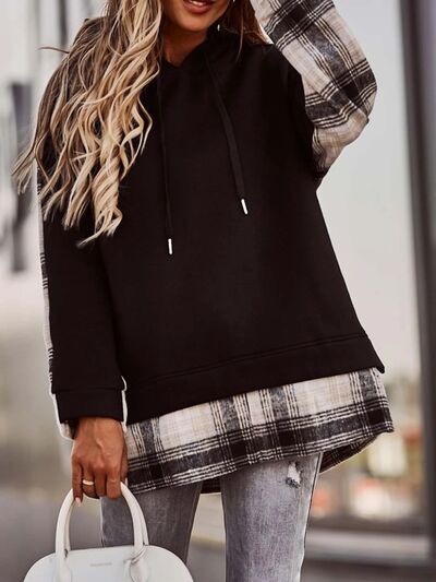 Women's Plaid Drawstring Dropped Shoulder Hoodie 100% Polyester Sheer Design Machine Washable S-XL Sizes