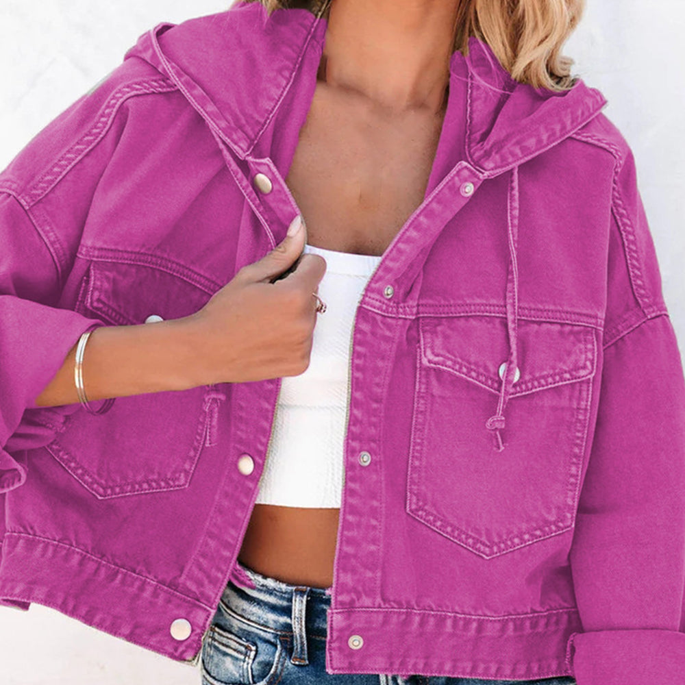 Women's Stylish Hooded Dropped Shoulder Denim Jacket with Pockets and Drawstring - Cotton/Polyester Blend