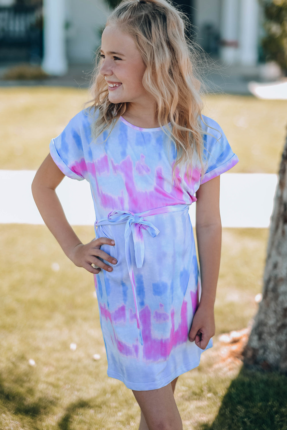 White Label Girls Tie-dye Belted Dress 95% Polyester 5% Spandex 4-11 Years Machine Washable