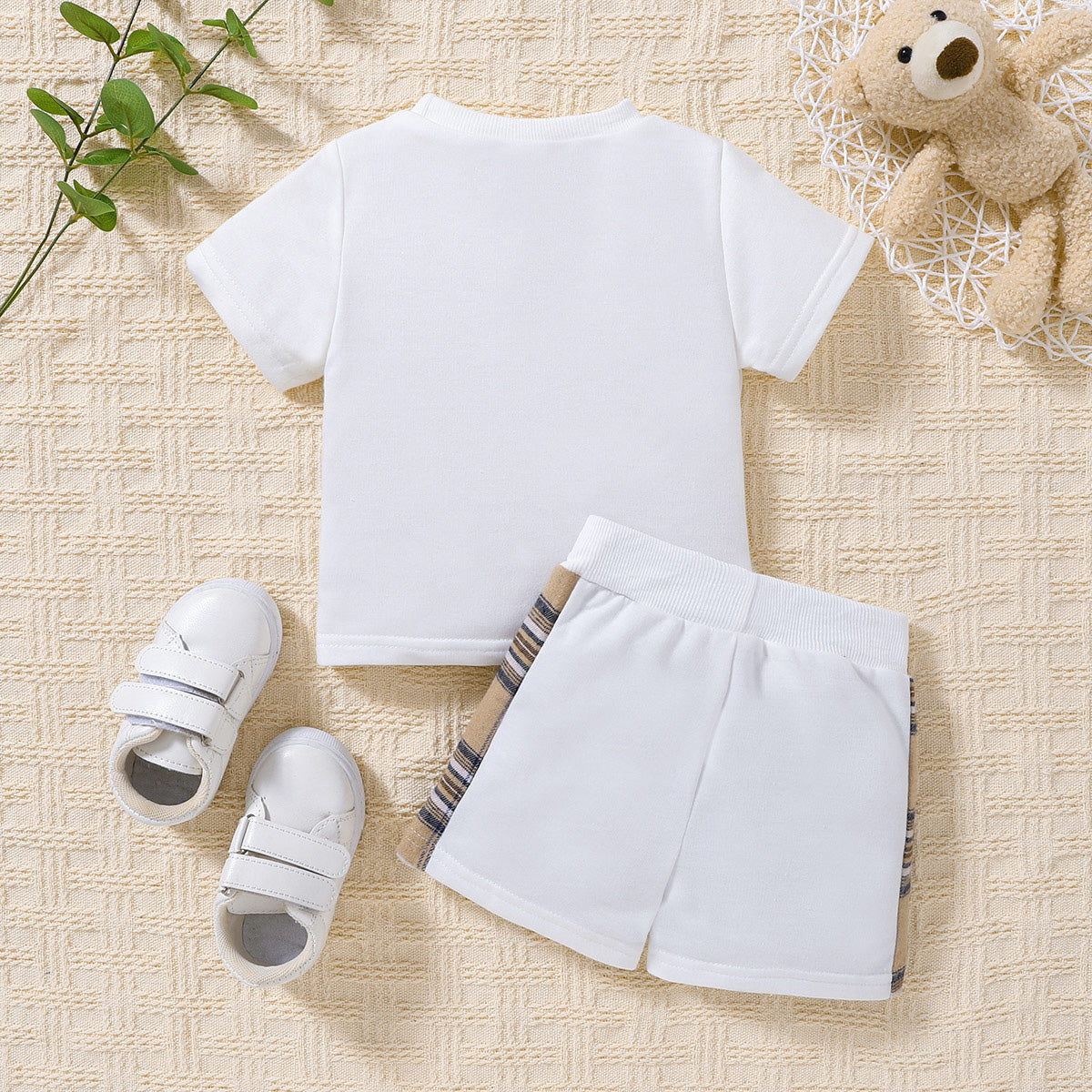 Baby Plaid Bear Graphic Round Neck Tee and Shorts Set by White Label - Comfortable and Breathable Fabric