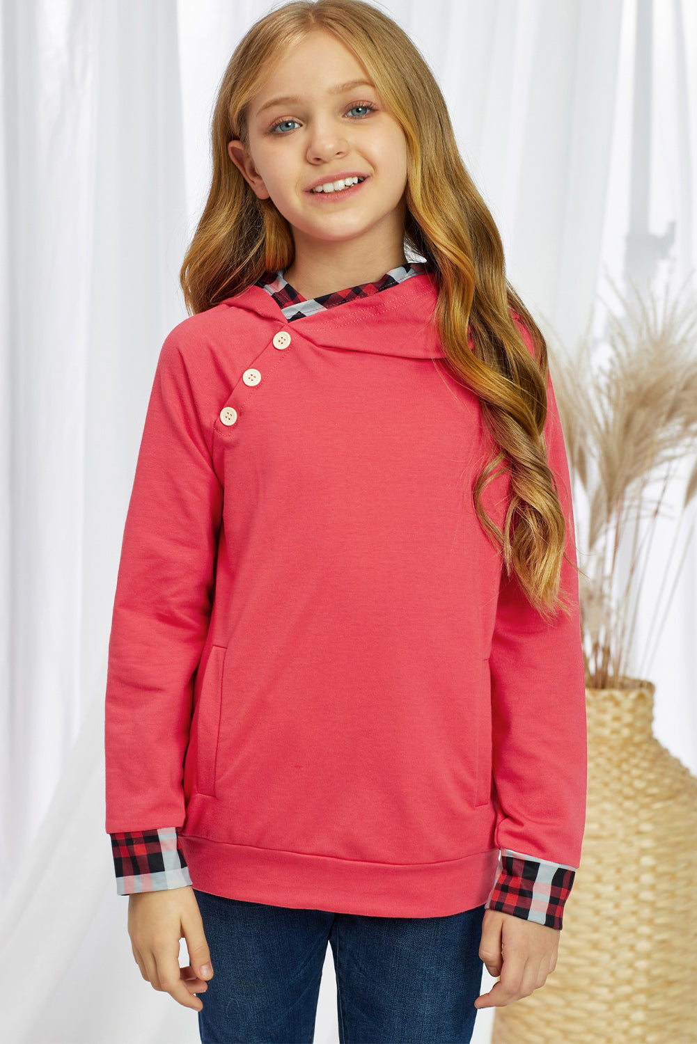 Girls Plaid Decorative Button Hoodie with Pockets - Ivy & Arrow Supply Co.