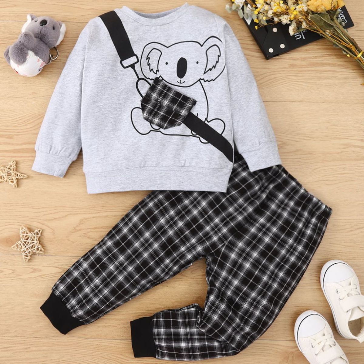 Kids Animal Graphic Sweatshirt and Plaid Joggers Set - Ivy & Arrow Supply Co.