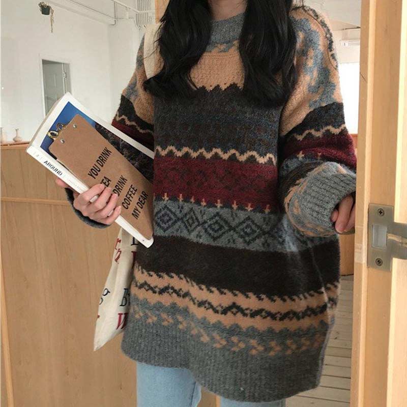 Women's Cozy Vintage Striped Knit Wool Sweater - Loose Fit Pullover for Stylish Warmth