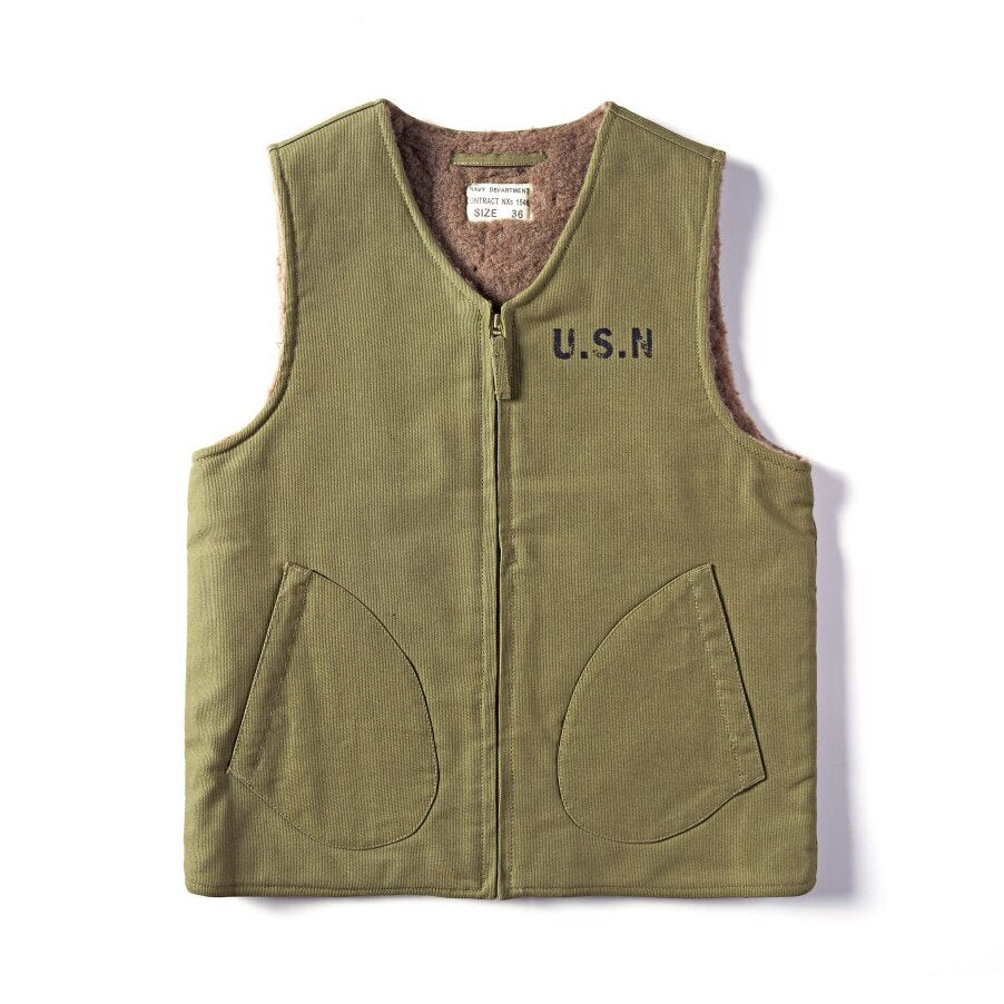 Men's Vintage Repro WW2 USN Canvas Wool Lined Vest - 12.5 oz Cotton Canvas Slim Fit Cut