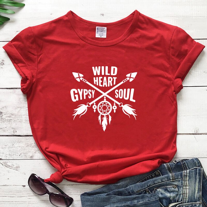 Women's Boho WILD HEART GYPSY SOUL Arrow Dreamcatcher Graphic Print T-Shirt - High-Quality Fabric Blend - Boho Aesthetic