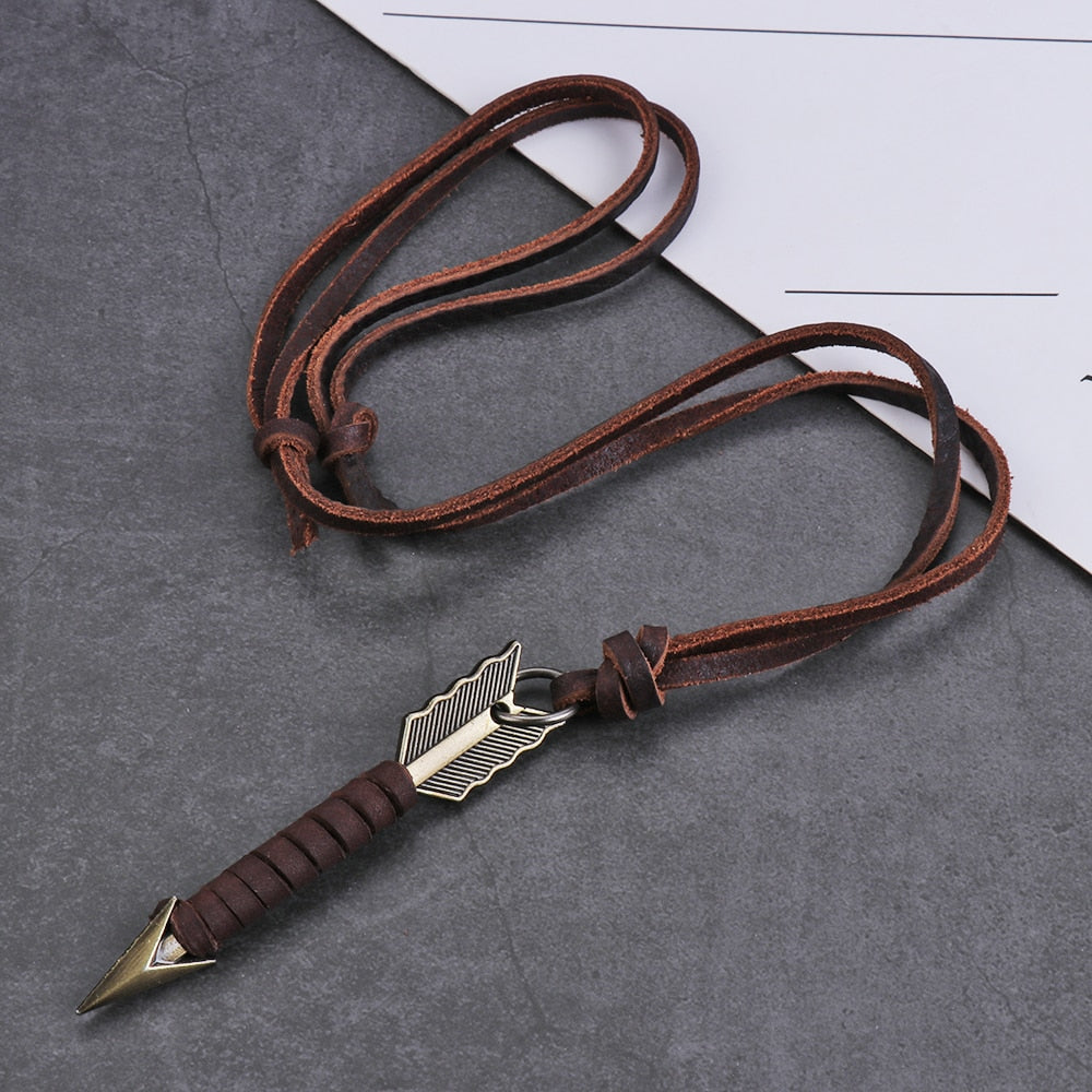 Handmade Vintage Leather Arrow Pendant Necklace - Stylish Unisex Jewelry with Rope Chain