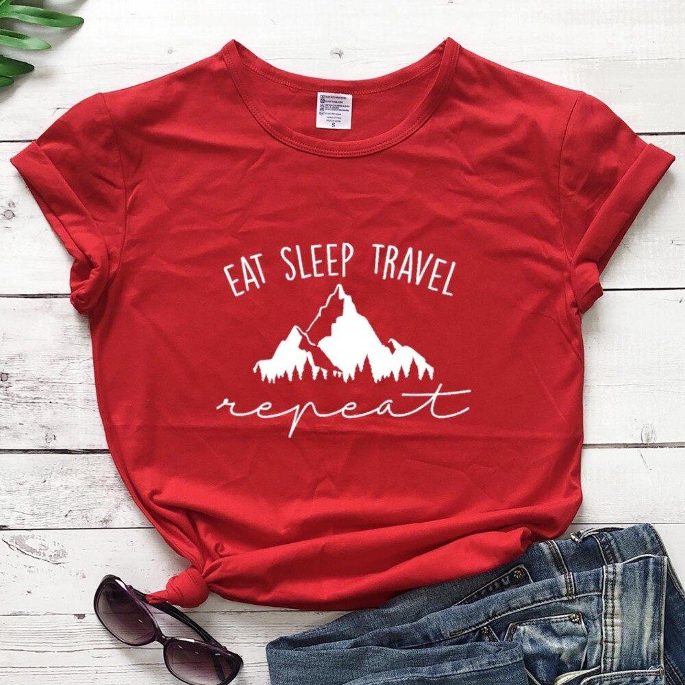 Women's Geometric Mountains Graphic Art EAT SLEEP TRAVEL Repeat T-Shirt - Casual Comfort with Stylish Design