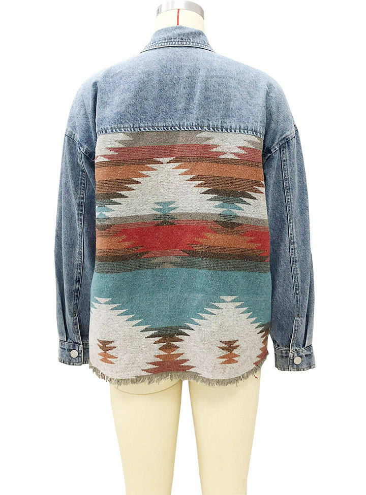 Women's Retro Denim Jacket New Long Sleeved Jean Top Lapel Shacket Female Vintage denim trench coat Aztec Jackets - Ivy & Arrow Supply Co.