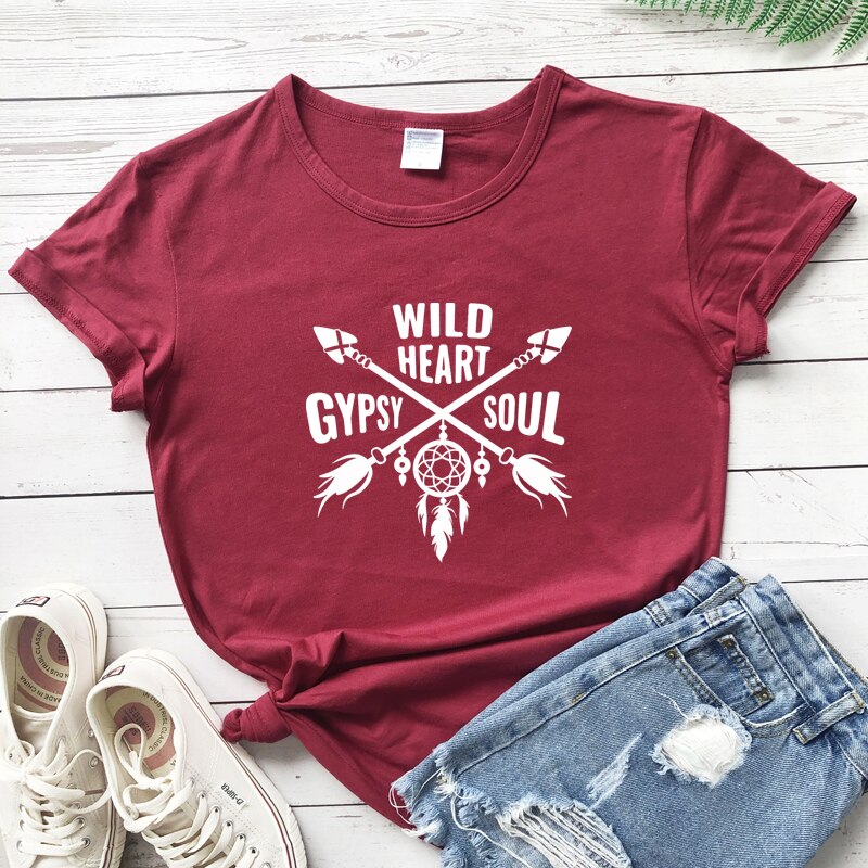 Women's Boho WILD HEART GYPSY SOUL Arrow Dreamcatcher Graphic Print T-Shirt - High-Quality Fabric Blend - Boho Aesthetic