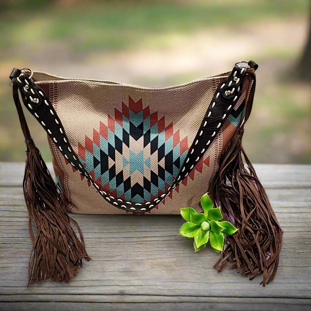 Geometric Pattern Canvas Crossbody Shoulder Bag with Tassels - Women's Bohemian Style Handbag with Pockets